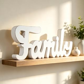 Rustic Wooden Family Signs for Home Decor 15", Distressed White | Wall Hanging or Tabletop, Farmhouse Decor Signs for Christmas Thanksgiving Living Room Bedroom