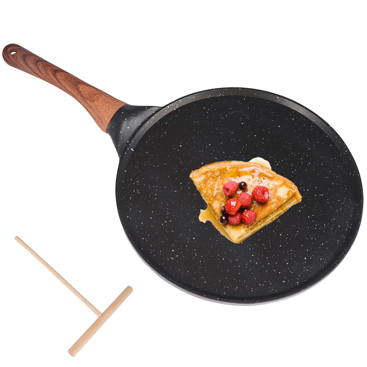 Rairsky Sartén para Crepas Antiadherente,26cm Sartén Antiadherente para Crepes,Crepera Sarten con Esparcidor,Fácil de Limpiar,para Crepes, Pancakes y Tortillas sin PFOA (Color Negro)