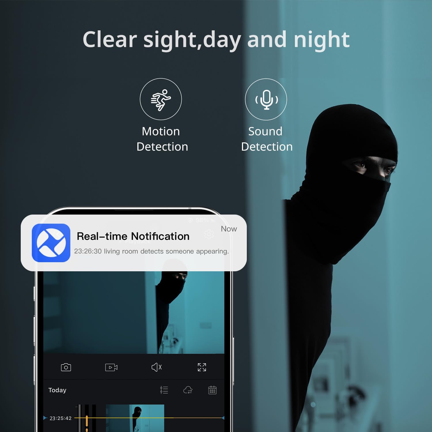 BoyKeep Indoor Security Camera showing motion and sound detection with a real-time notification on a smartphone.
