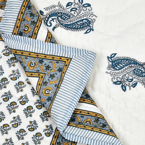 Image of BLOCKS OF INDIA Cotton Single Size Quilt Hand Block Print for Light Winters (60x90 Inches) (Grey Yellow BUTI 1)-300 TC