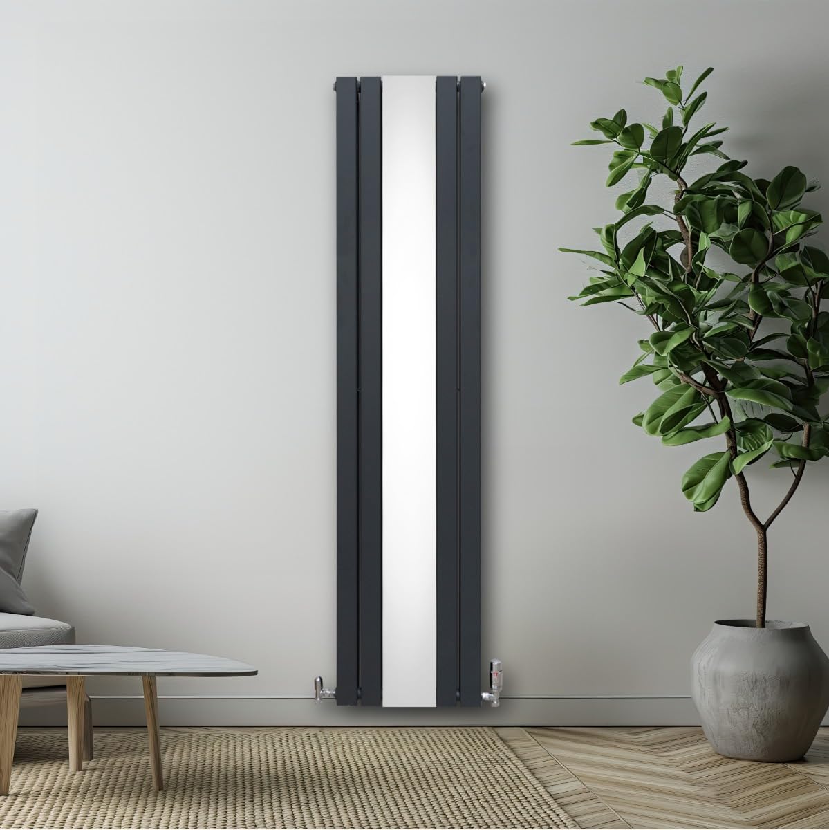 Radiador Plano con Espejo y Válvulas Cromadas TVR | 1800 mm x 425 mm | Gris Antracita | Doble Columna | Acero al Carbono | Kit Fijación con Soportes y Cepillo de Limpieza GRATIS | Garantía 15 años