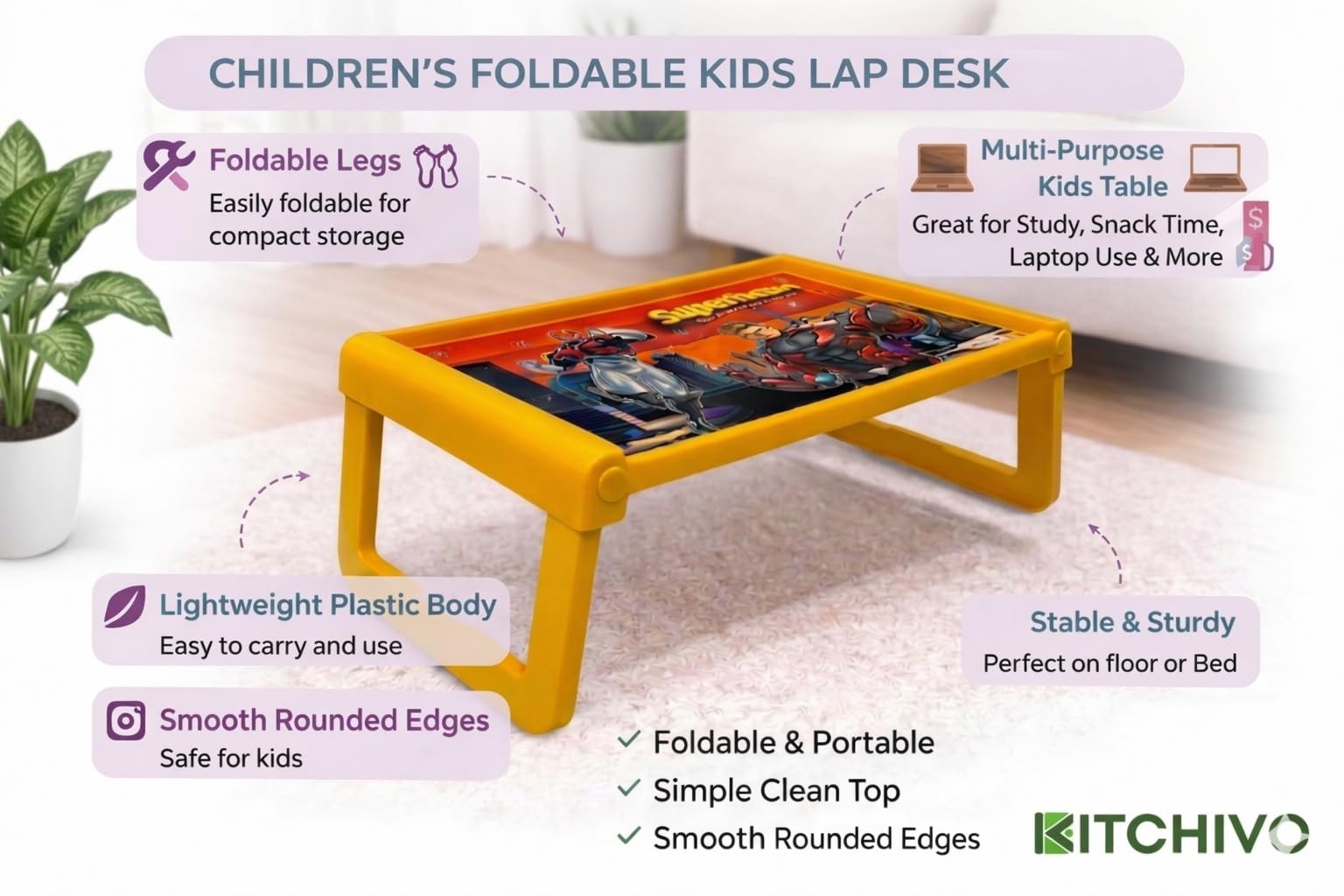 KITCHIVO™ Kids Foldable Study Table for Children | Portable Lightweight Plastic Study Desk | Cartoon Printed Table for Study, Drawing & Activity | Compact & Easy to Store (Yellow Superhero) 3