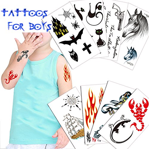 TAFLY Boys Temporary Tattoos for Kids - Cat,Spider,Scorpion,lizard,unicorn,bat,sailboat,cross,flame etc 8 Sheets (2.4"X4")