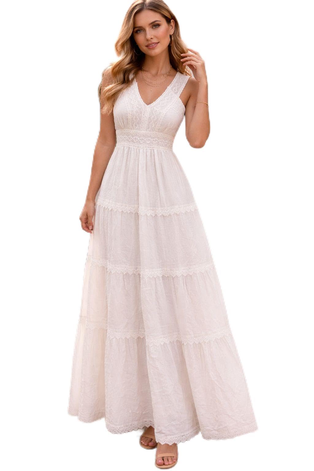 White Lace Tiered Maxi Dress with V-Neck, Sleeveless-picture-21