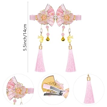 8Pcs Chinese Fan Hair Clip Hanfu Hair Clip Tassel Flower with Small Bell Chinese Traditional Hair Accessories(Random Color)