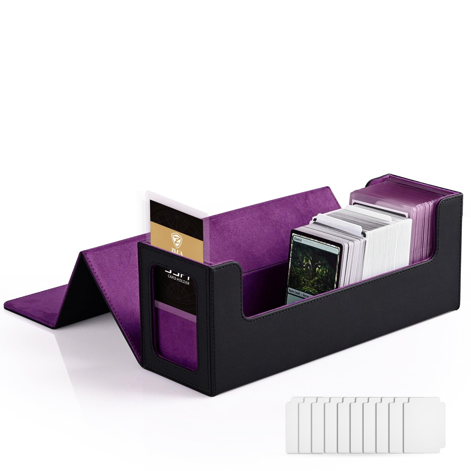 ZLCA MTG Card Deck Box with Display Window,Card Storage Box Holds 600+ Single-Sleeve Cards,Trading Card Case for Commander CCG/TCG/EDH(Black& Purple)
