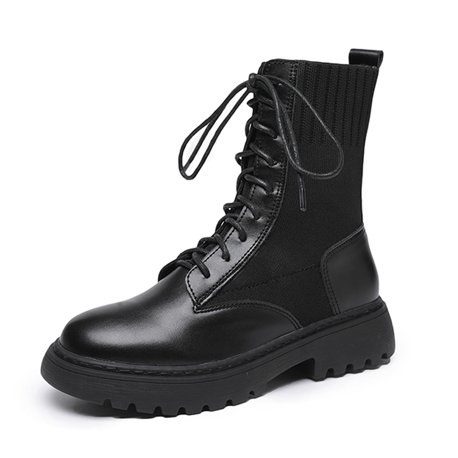 Womens Knit Sock Cuff Platform Combat Ankle Boots Winner Warm Leather Round Toe Lug Sole Chunky Heel Non-Slip