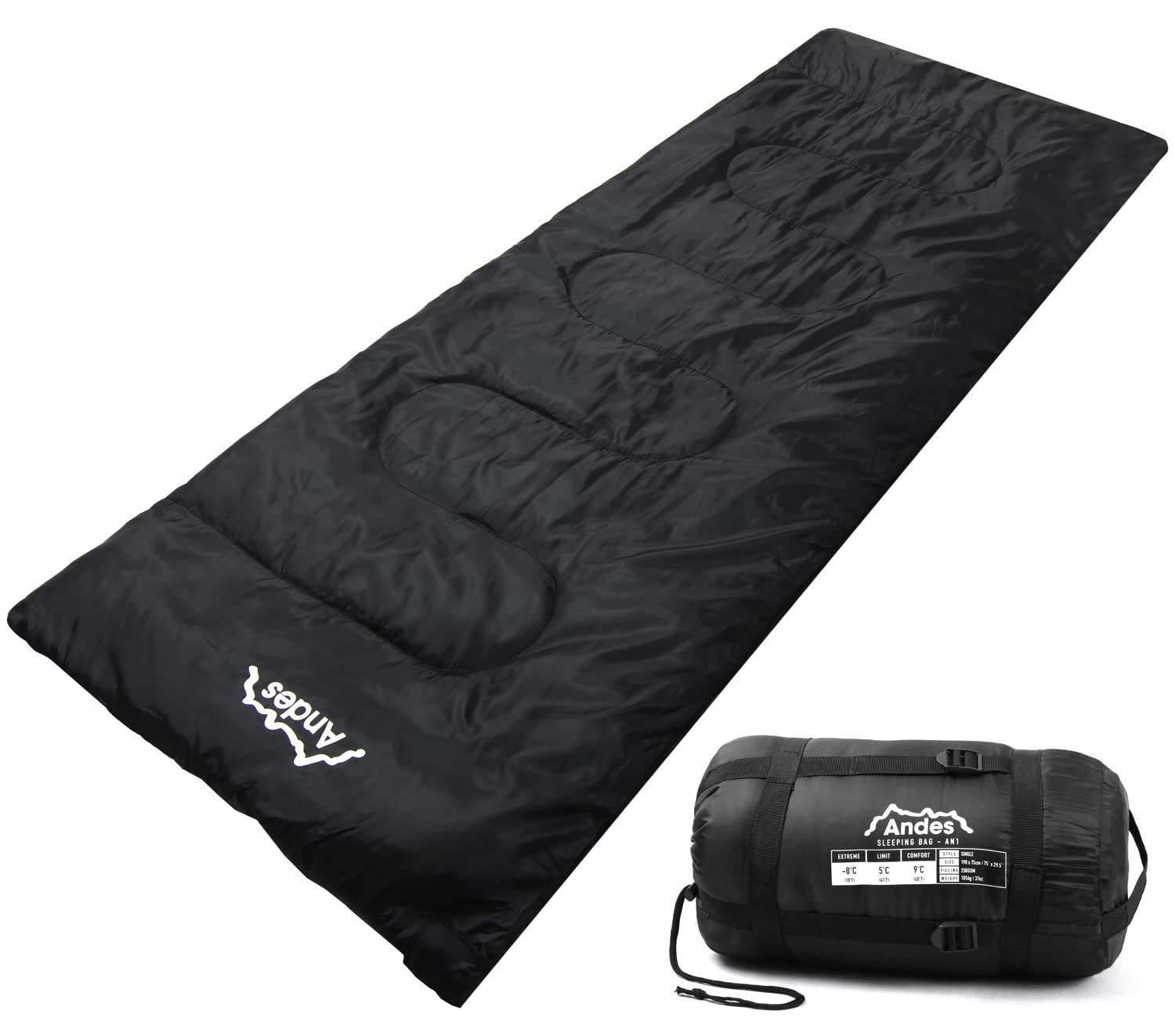 Andes Palermo 250 Rectangle Sleeping Bag Warm 250GSM Filling - Compression Carry Bag Included - Ideal For Camping, Festivals Waterproof