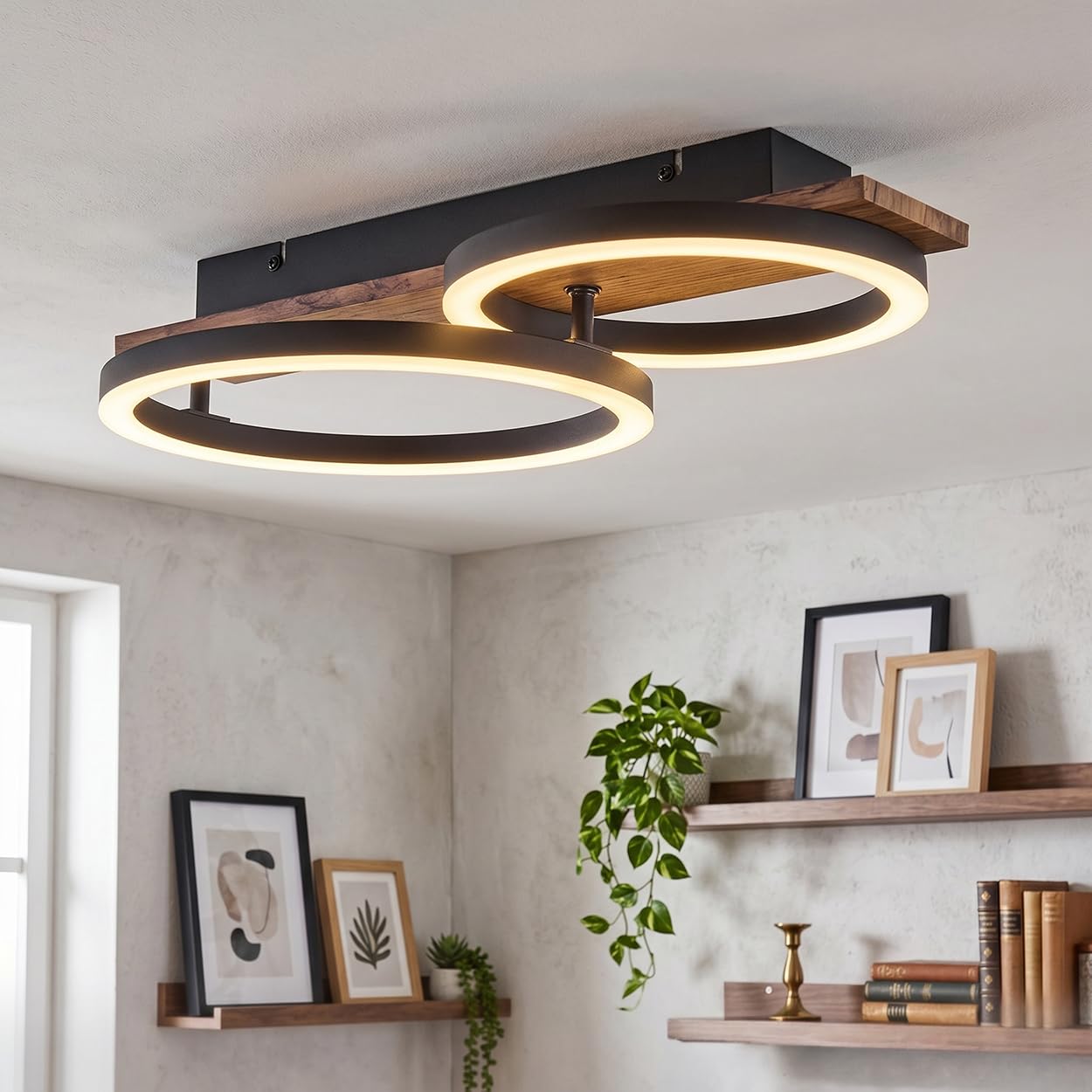 HOFSTEIN LED Deckenleuchte Cascada, Deckenlampe aus Metall/Holz/Kunststoff in Schwarz/Braun/Weiß, 18 Watt, 3000 Kelvin, Leuchte im modernen Design für Schlafzimmer, Esszimmer, Wohnzimmer, Küche, Flur