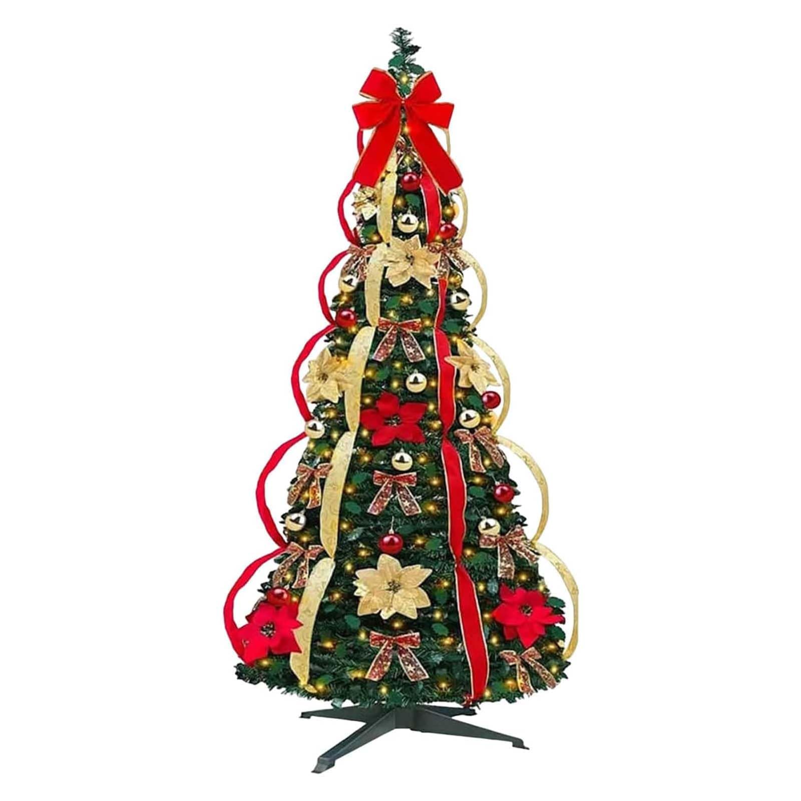 Genérico Árbol de Navidad Plegable, Árbol de Navidad Totalmente Decorado con Luces, Adornos de Cinta y Lazo para Decoraciones de Fiesta de Navidad
