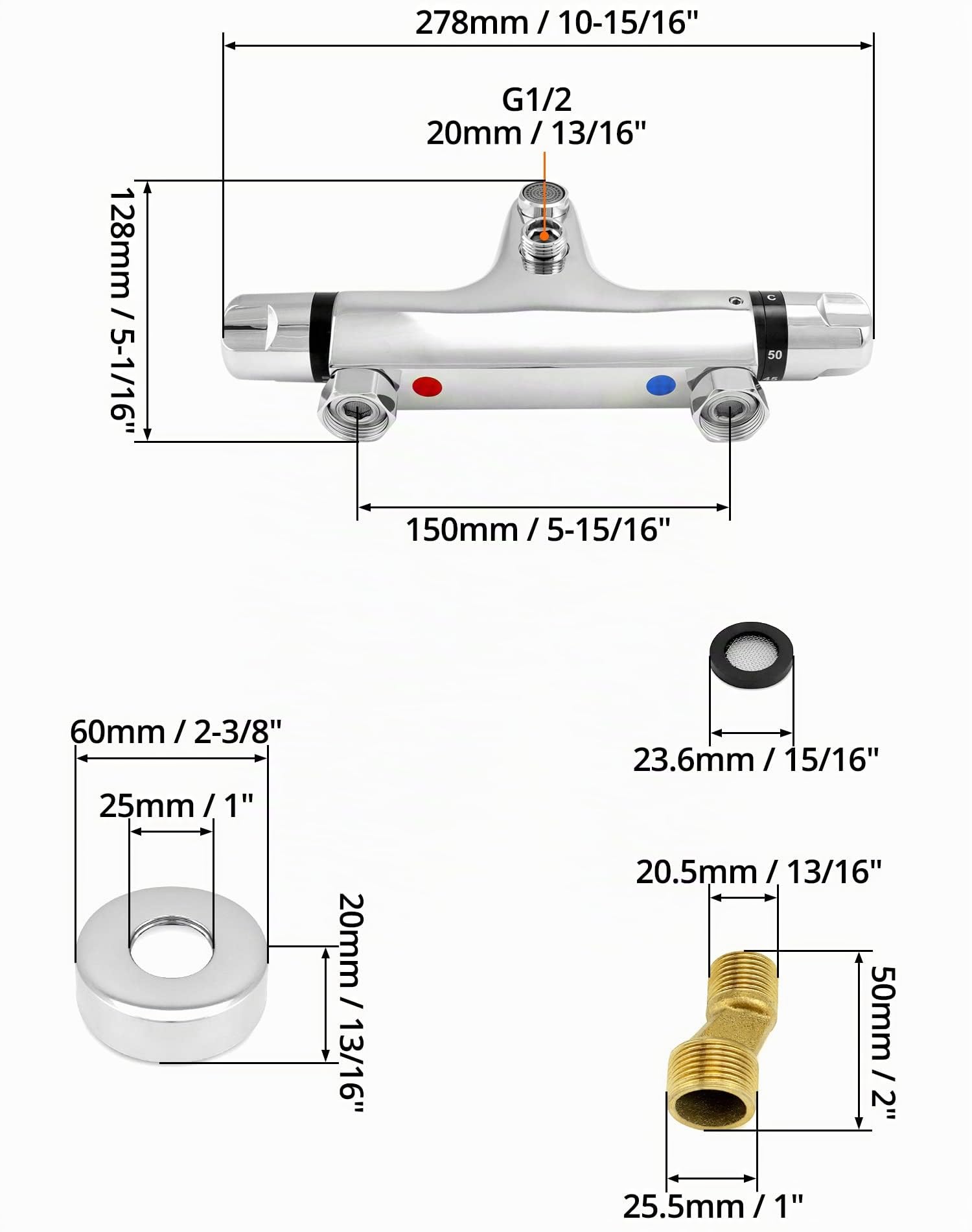 QWORK® Miscelatore Termostatico Doccia, Valvola G1/2" Uscita, Sinistro Caldo Destro Freddo, Miscelatore Doccia in Ottone, Controllo Costante della Temperatura per Il Bagno