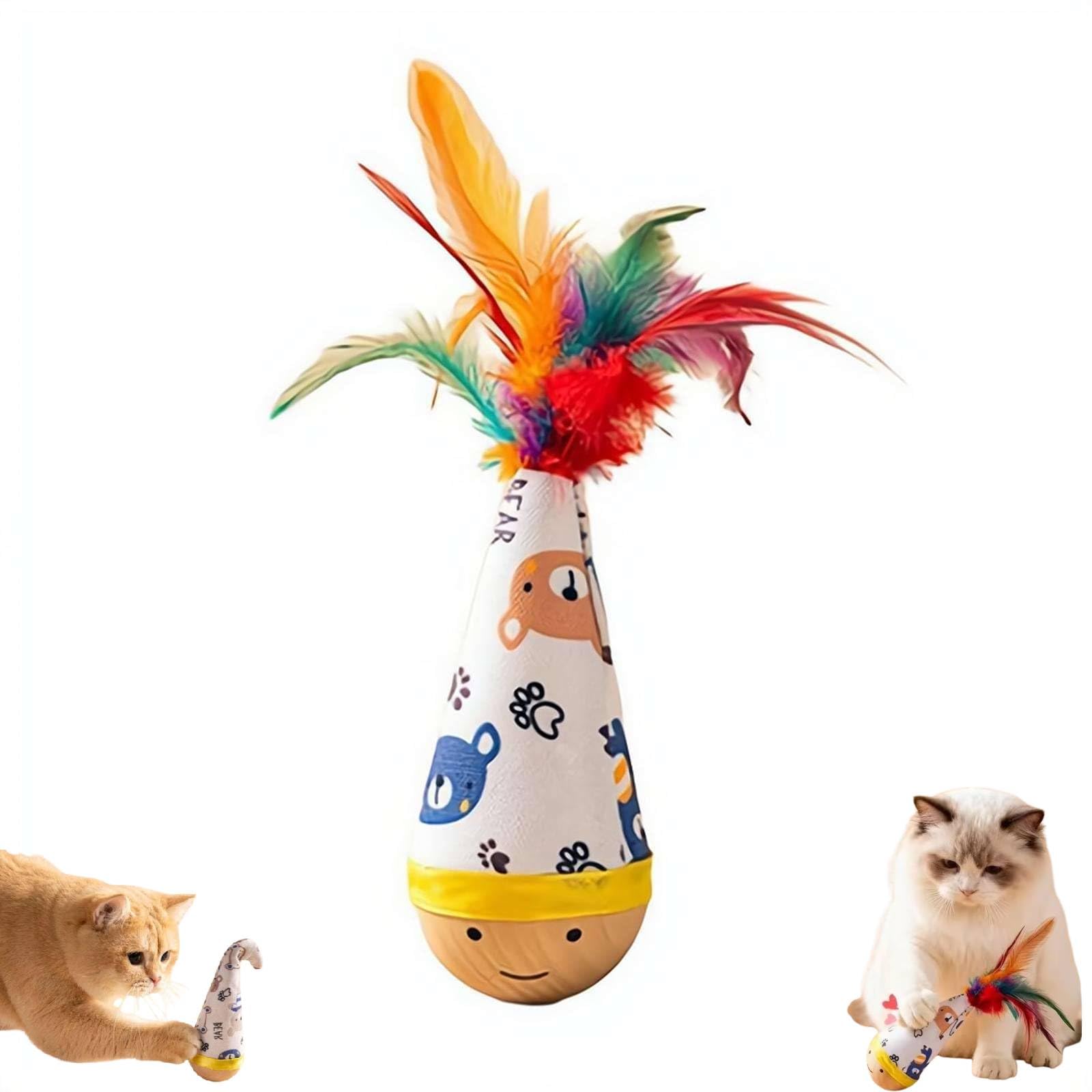 Wooden Wobble Cat Toy,Natural Beechwood Cat Toy,Interactive Wobble StarterToy for Kittens & Indoor Cats,Self-Righting InteractiveToy with Colorful Feathers,Enrichment Toys for Bored Adult Cats