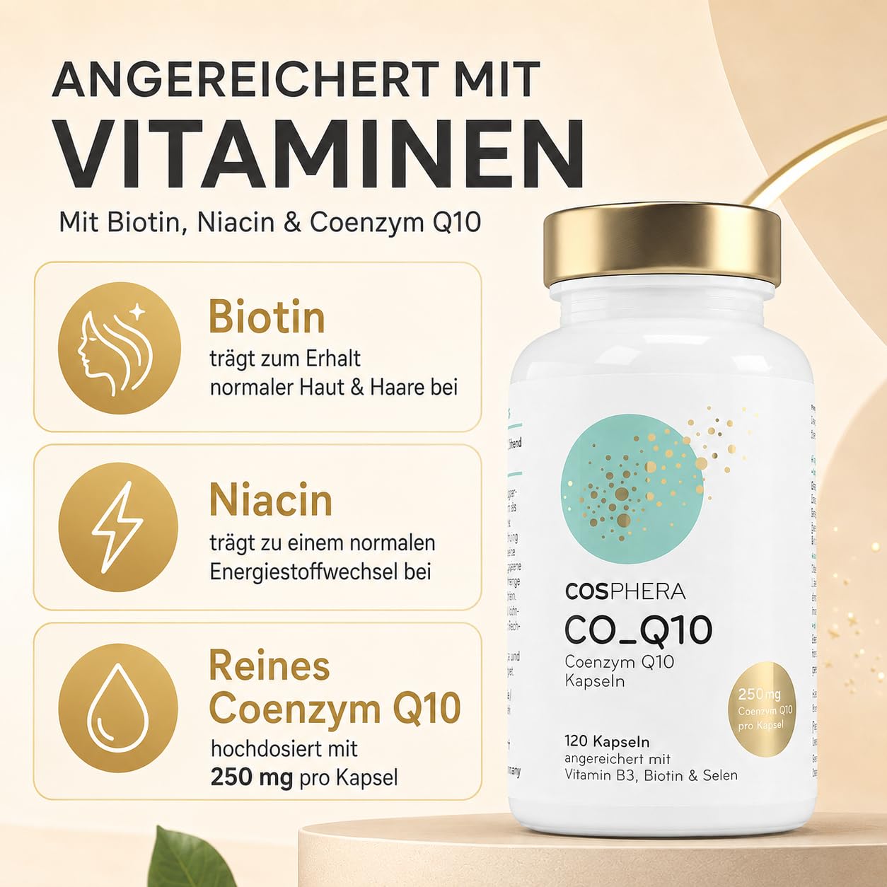 Coenzym Q10 - Hochdosiert mit 250 mg pro Kapsel. 120 vegane Kapseln im 4 Monatsvorrat - Angereichert mit Biotin & Niacin als Beitrag zum Erhalt normaler Haut & für einen normalen Energiestoffwechsel.