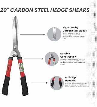 20 Carbon Steel Hedge Shears - Razor Sharp, Rust Resistant Blades - Lightweight Garden Trimmer for Grass, Shrubs, Bushes - Anti-Slip Handles for Easy Cutting