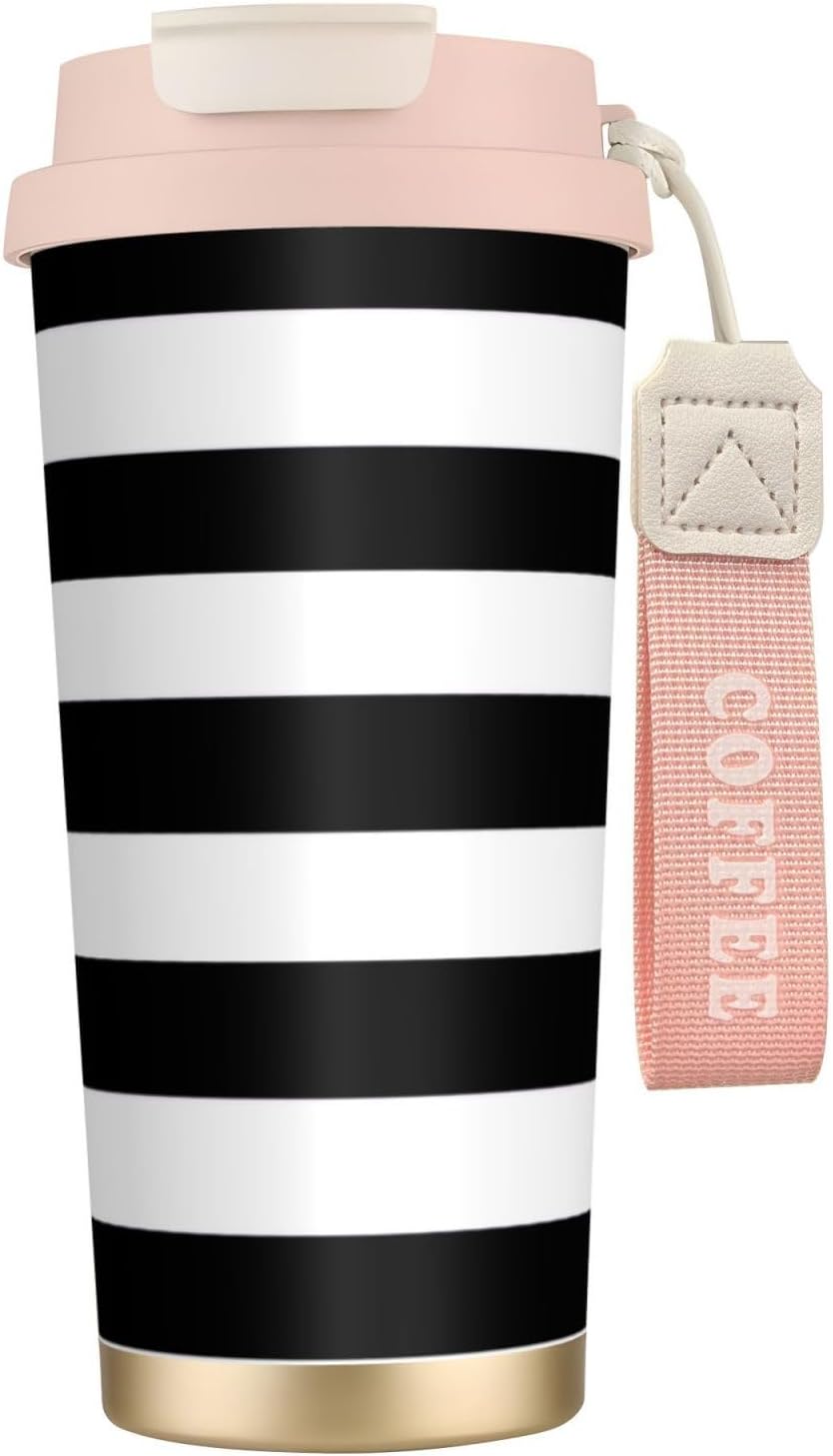 stripes black white Print Leakproof Insulated Coffee Mug,Stainless Steel Dual Drink Travel Tumbler,17 OZ