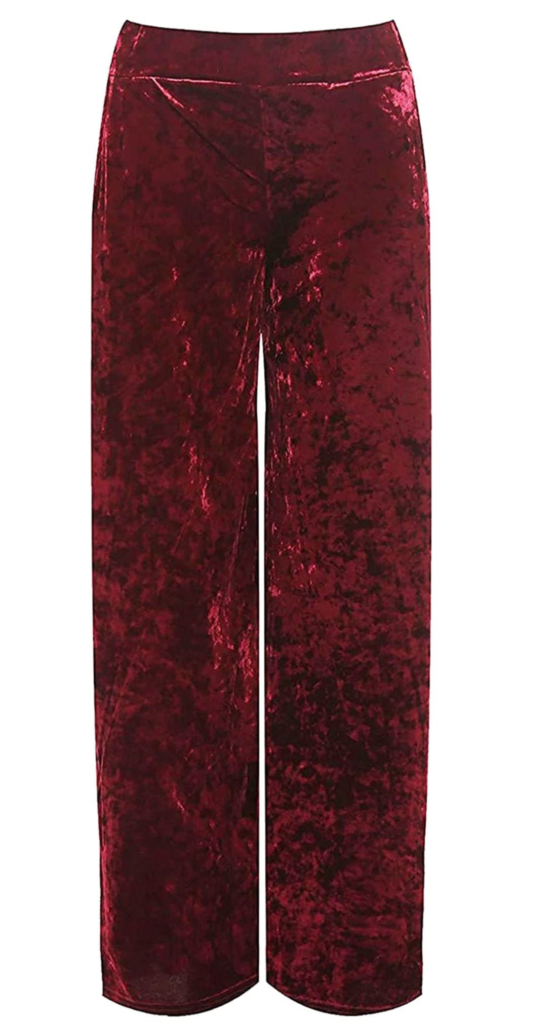 Ladies Plus Size Wide Leg Velvet Palazzo Elasticated Waist Pants Women's Street Fashion Flared Wide Leg Style Pocketed Lightweight Velour Velvet Trousers UK 14-28 Wine