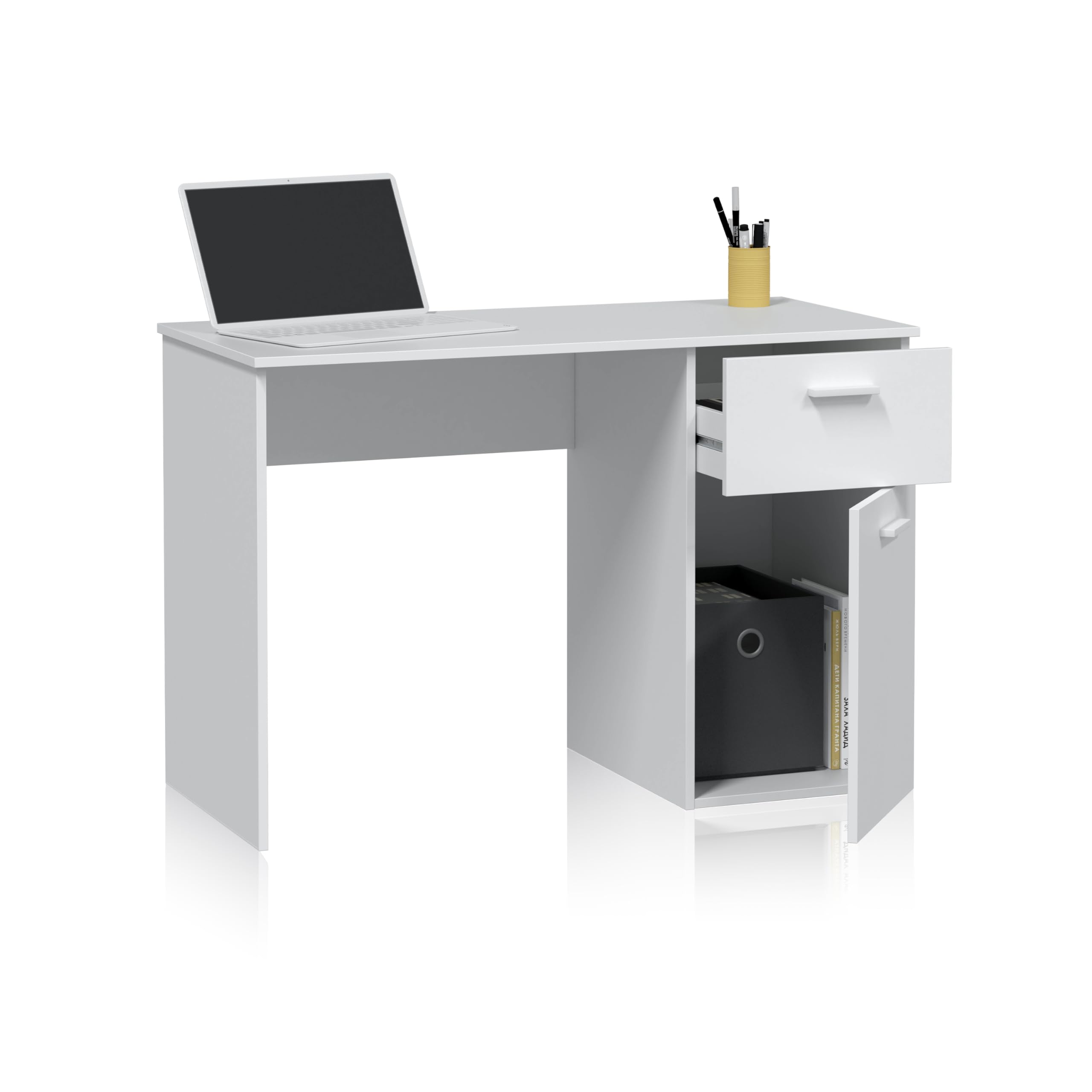 duehome | Mesa de Estudio con 1 Cajon y 1 Puerta, Escritorio o Despacho, Modelo Take, Acabado en Color Blanco Artik, Medidas: 108 cm (Largo) x 73 cm (Alto) x 50 cm (Fondo)