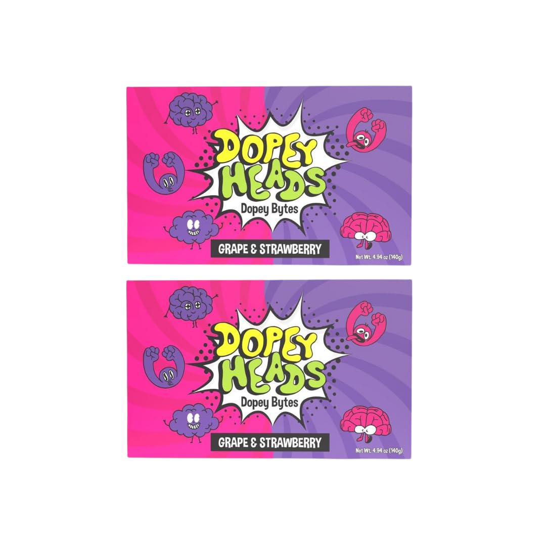 Dopey Heads | Dopey Bytes | HALAL | Crunchy Bytes | Grape & Strawberry Flavour | Theatre Box | Tiny Candy | Pack of 2 | Weight 140g (4.93 oz) Each - Grape & Strawberry