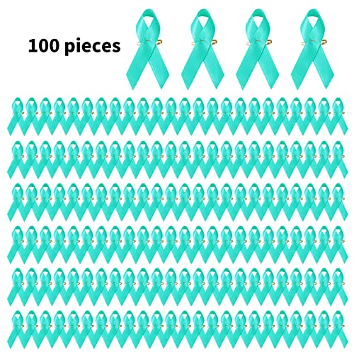 Image of 100 Pieces Teal Satin Awareness Ribbons with Safety Pins Cervical Cancer, Sexual Assault Awareness Accessories 1.4 * 3 inch