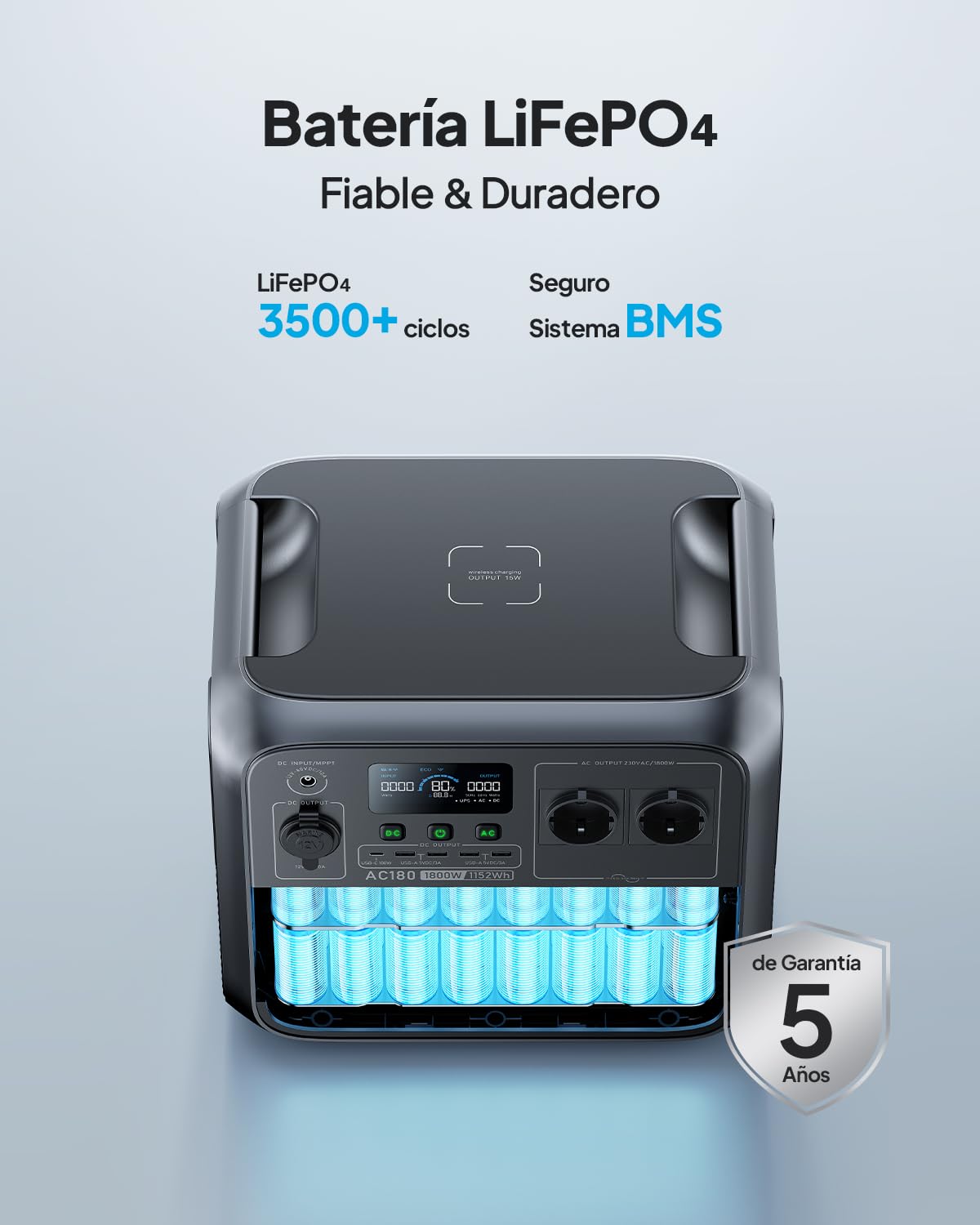 BLUETTI AC180 Generador Solar Portátil, 1152Wh LiFePO4 Batería con 2 salidas AC 1800W (2700W Pico), 0-80% en 45 Min, Estación de Energía Solar para Camping, Viajes, Cortes de Electricidad