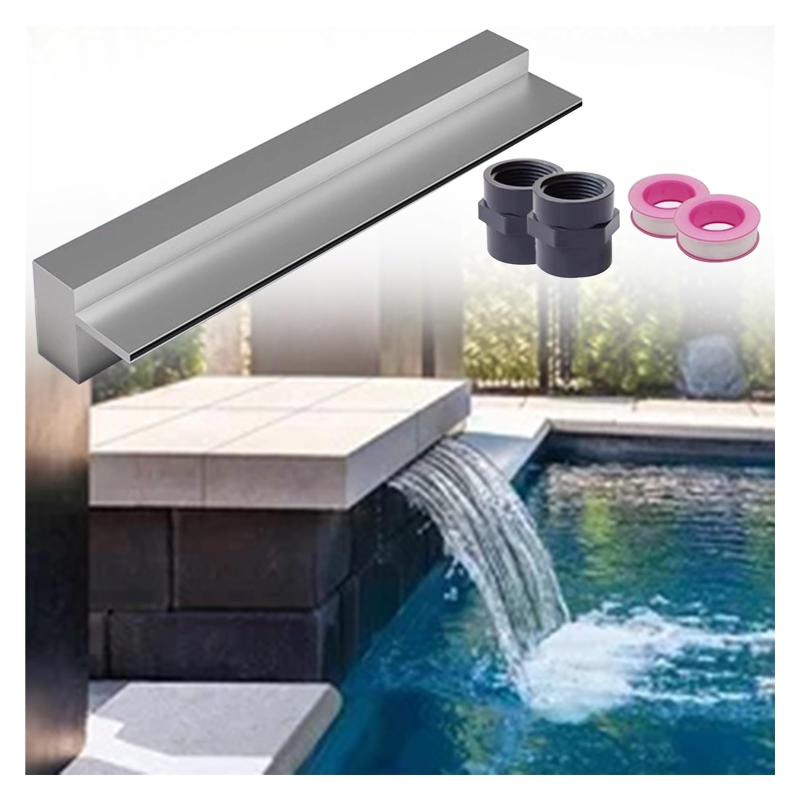 Fontana da piscina a cascata larga 40,6 cm in acciaio inox, design da incasso a parete con connettore per tubi, ideale per giardino, stagno, patio, terrazza, caratteristiche dell'acqua (argento)