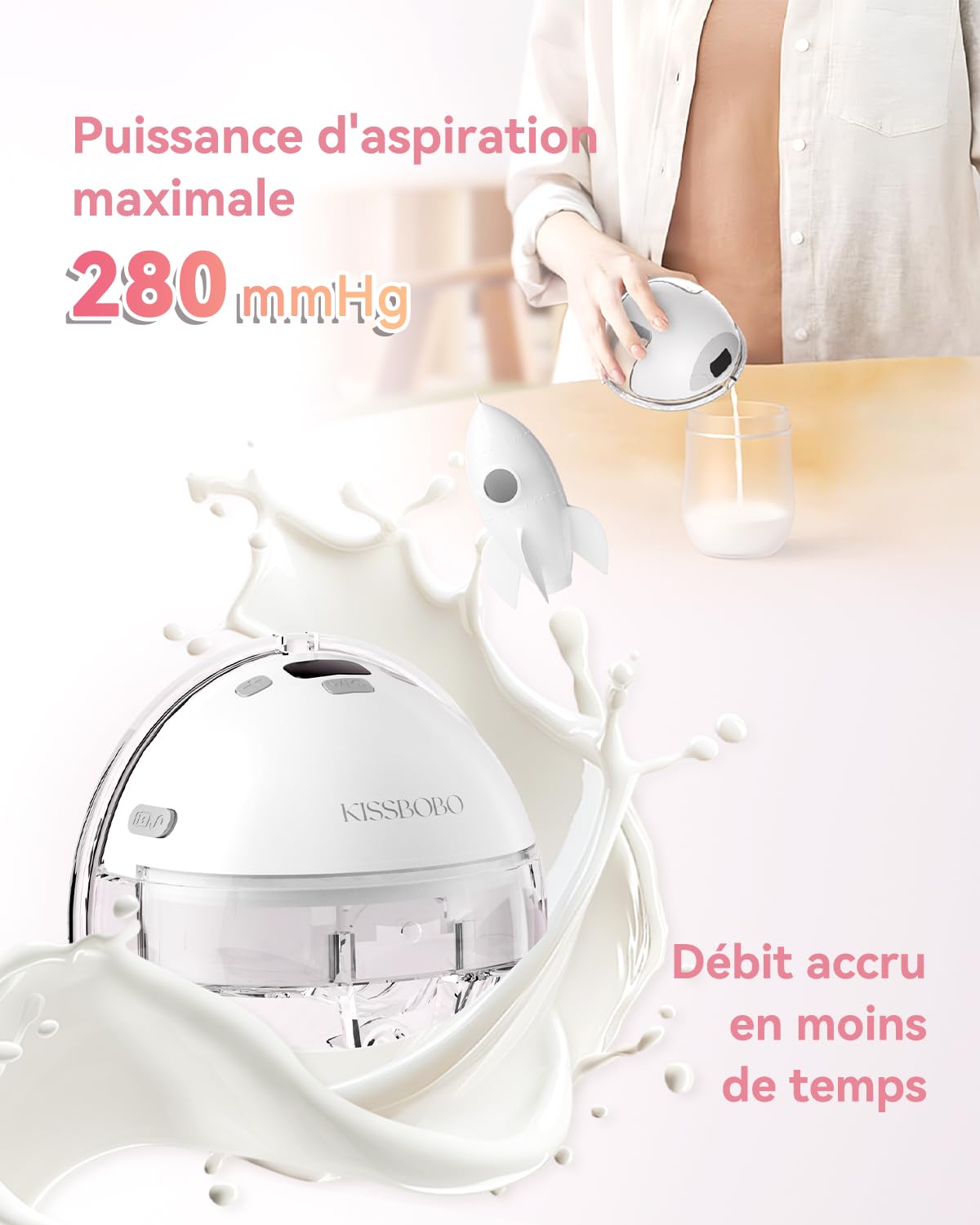 KISSBOBO K6 Tire Lait Electrique Main Libre Double, Portable et Discret, 4 Modes 19 Niveaux, Aspiration 280mmHg, Fonction Pause et Mémoire, Sans BPA, pour Allaitement au Quotidien, Blanc 2 Pack
