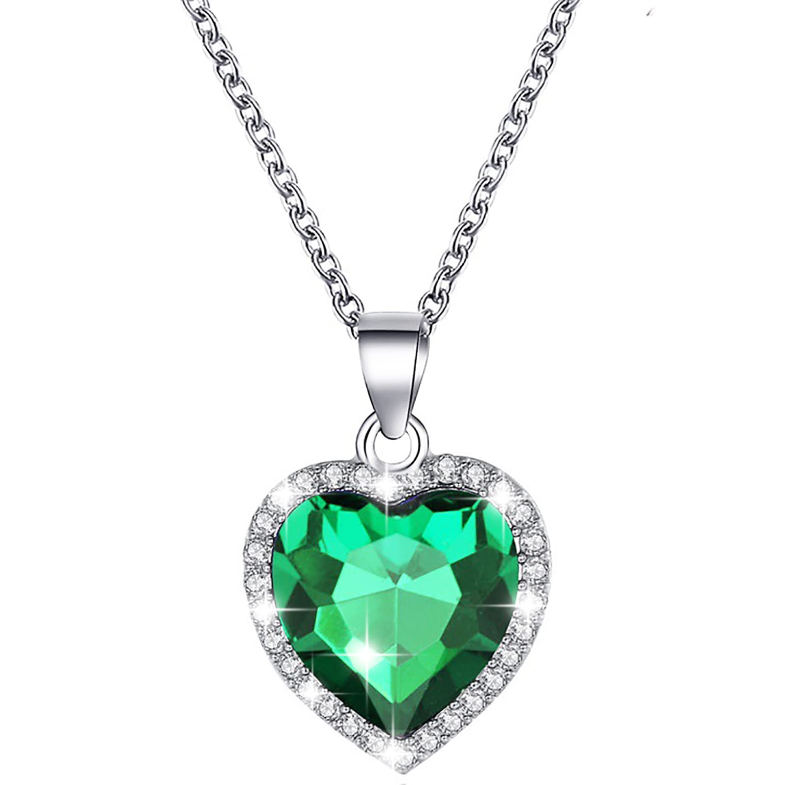 AtentuyiLove Heart Necklace Silver Chain Necklace Birthstone Crystal Necklace Vintage Green Gem Emerald Necklace Dainty Chain Heart Cz Pendant Necklace Jewelry for Women and Girls