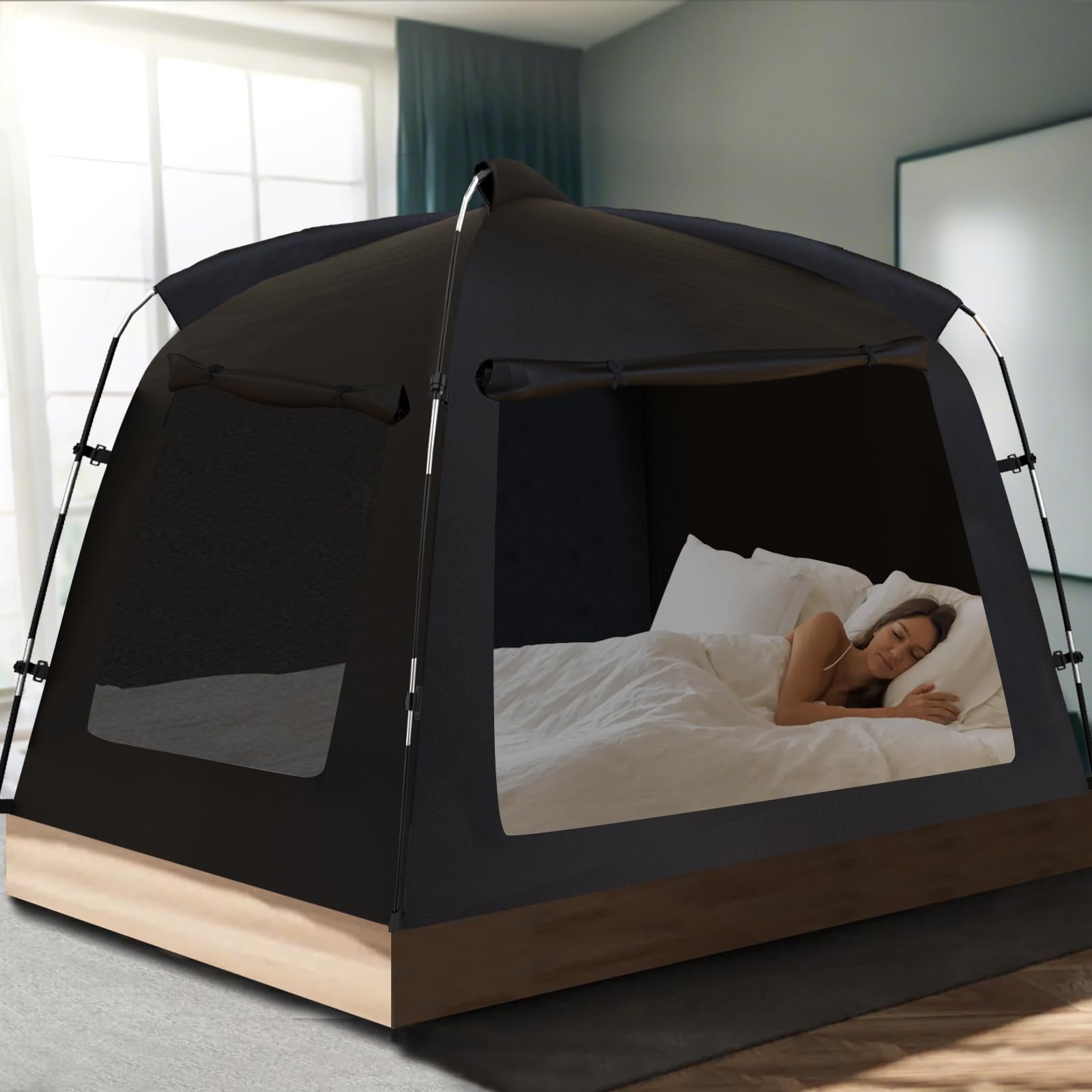 Bed Tent, AYAMAYA Indoor Privacy Tents Bed Canopy for Kids and Adults, Twin Size Privacy Space 80% Blackout for Sleeping, Breathable Mesh Windows & 2 Doors and Phone & Pad Holders Inside-image-33