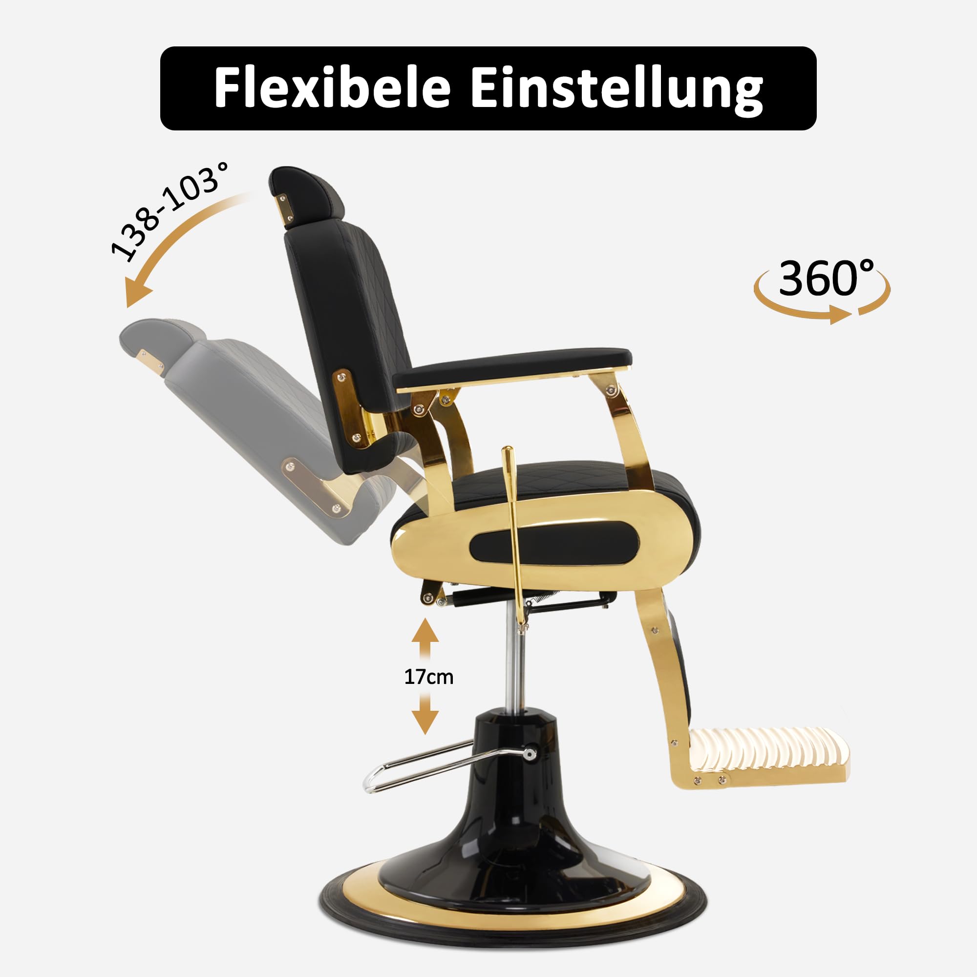 Barberpub Friseurstuhl mit Kopfstütze Kippbar, Friseureinrichtung mit Hydraulikpumpe 360° Drehbar, Bedienungsstuhl Höhenverstellbar, Barber Stuhl Friseurstühle Kunstleder, 3855BK (Gold-Schwarz)