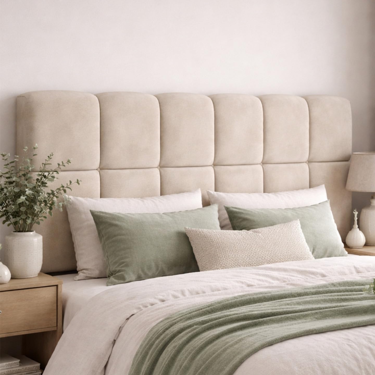 IDMarket - Tête de lit Suspendue matelassée Nuage Velours Beige 160 cm