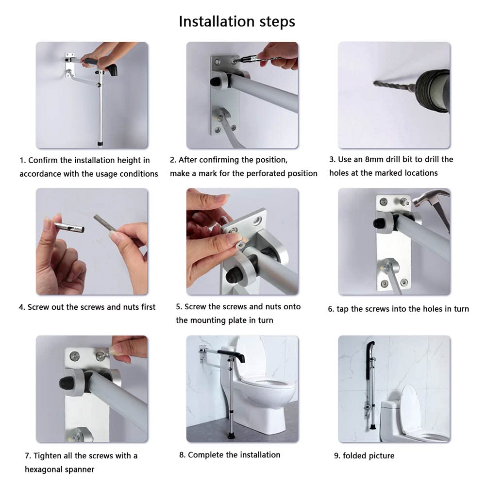 Barra De Agarre Plegable Barra De Apoyo para WC 60cm Reposabrazos con Barra De Apoyo Altura Ajustable Pasamanos De Aluminio Montado En La Pared para Ancianos Discapacitados Embarazadas