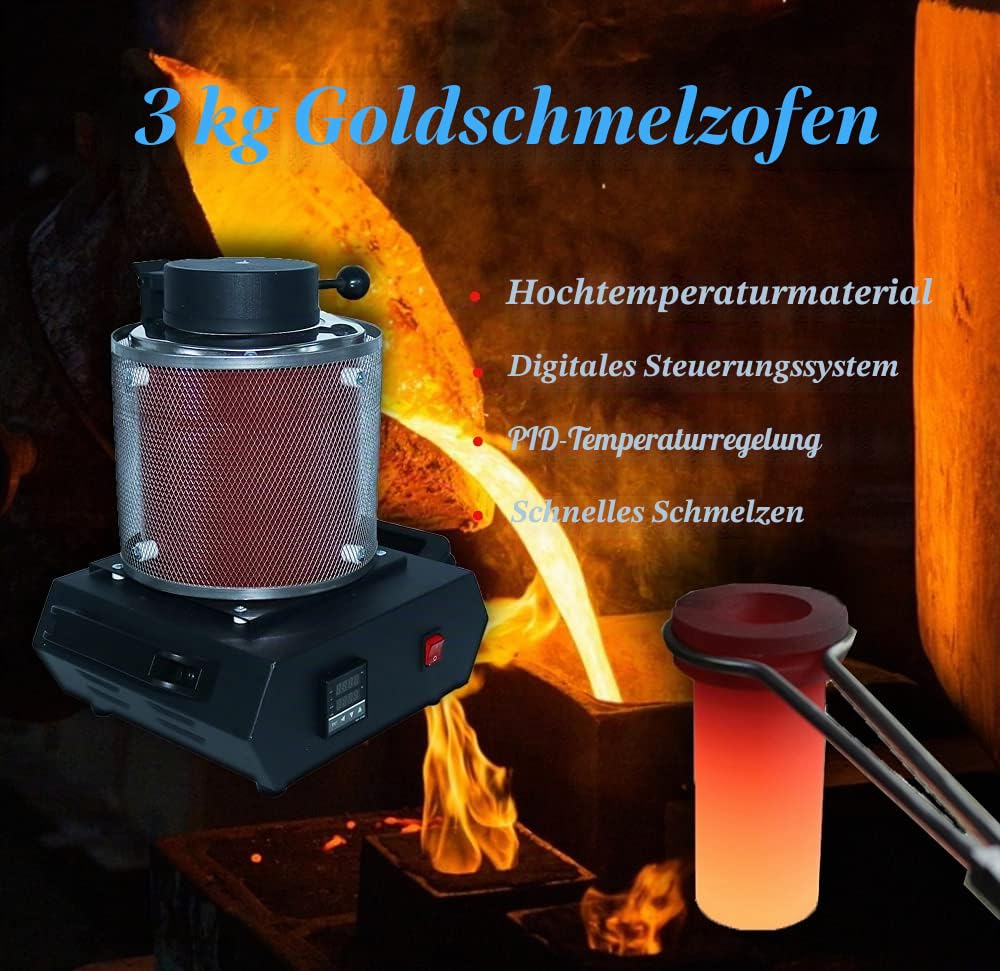2100 W elektrischer Goldschmelzofen mit 3 kg Graphit-Tiegel für Schmelzkratzer, 2100 F digitale Metallschmelzmaschine mit Netzschutz, Silber, Gold, Kupfer, Aluminium, 220 V Verfeinerungsgussofen
