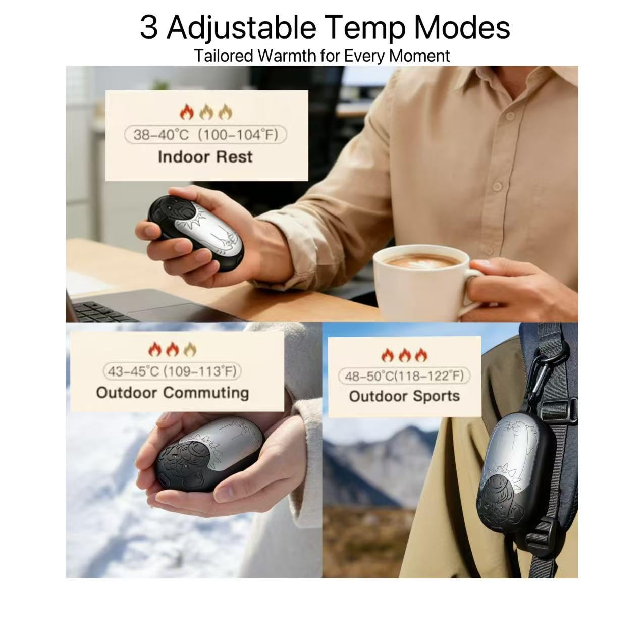 Scaldamani ricaricabili, 6000 mAh, confezione da 2 – fino a 24 ore, portatile, con USB, per passeggiate all'aperto, campeggio, caccia, golf, per uomini e donne