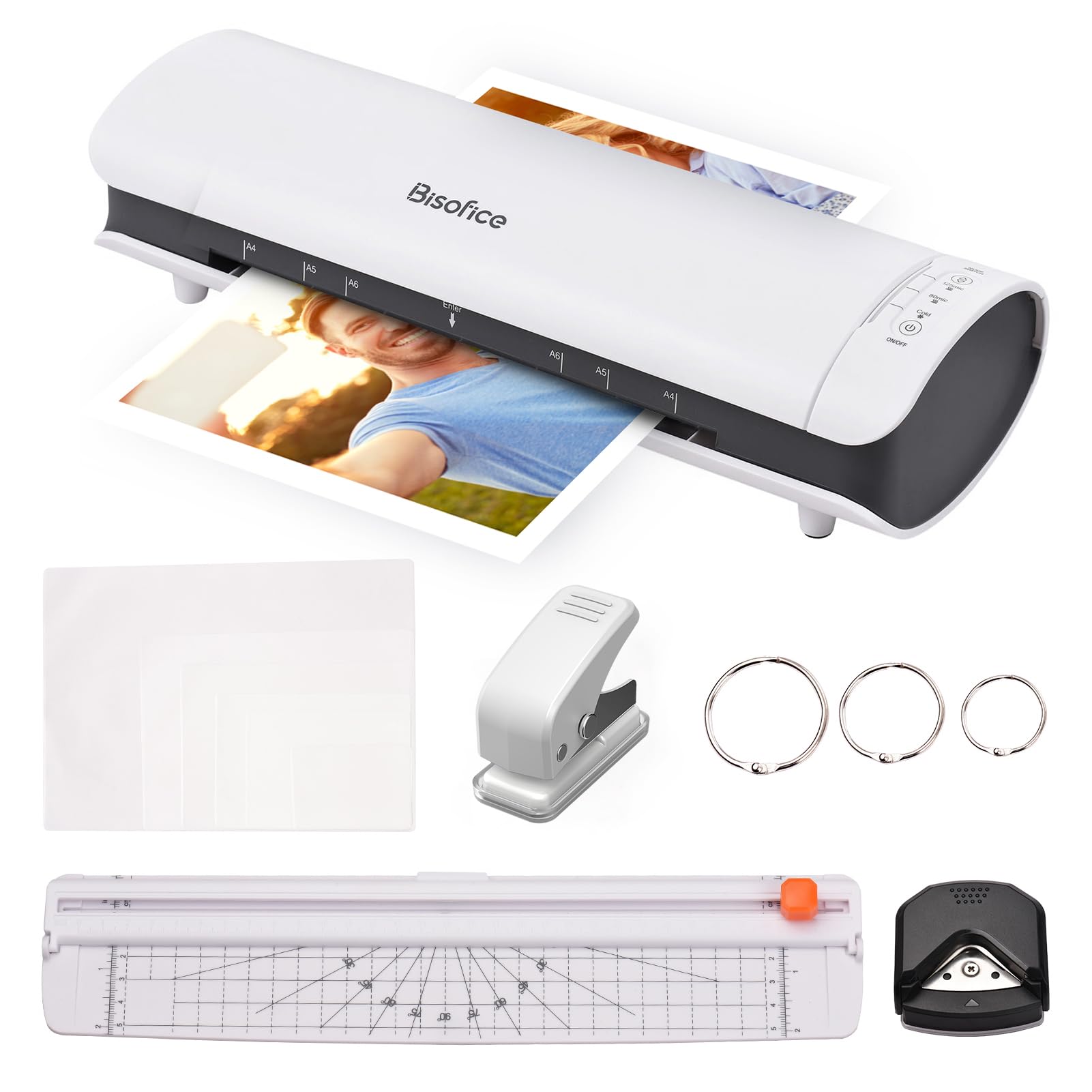 Laminator,HEIMAO SL988 Desktop Laminator Machine Set A4 Size 6IN1 Multifunctional Hot and Cold Lamination 2 Roller System 9 inches Max Width with Paper Cutter Trimmer Rounder Hole Puncher Binding Hoo
