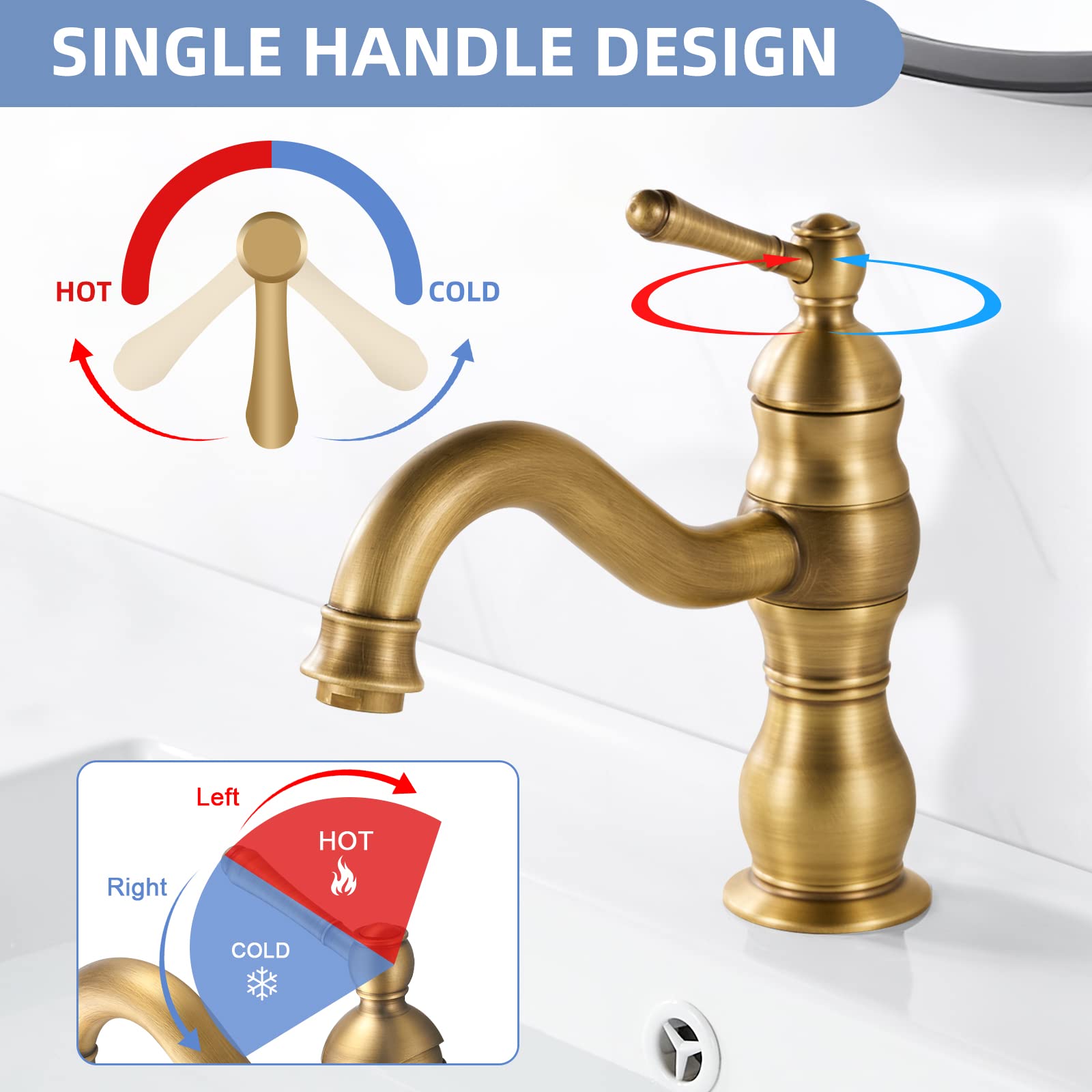 kisimixer Grifo Lavabo Vintage, Puede Girar 360 ° Grifo Monomando Lavabo, Grifo Baño Lavabo de Latón, Solo Agujero Grifo de Lavabo Baño Antiguo con Aireador, Acabado Dorado Estéril