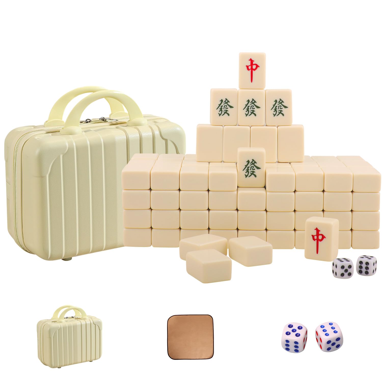 VPH Extra-Large Chinese Mahjong Set, Ivory-Colored, with 144 Tiles, Including a Travel Case and a Tablecloth.