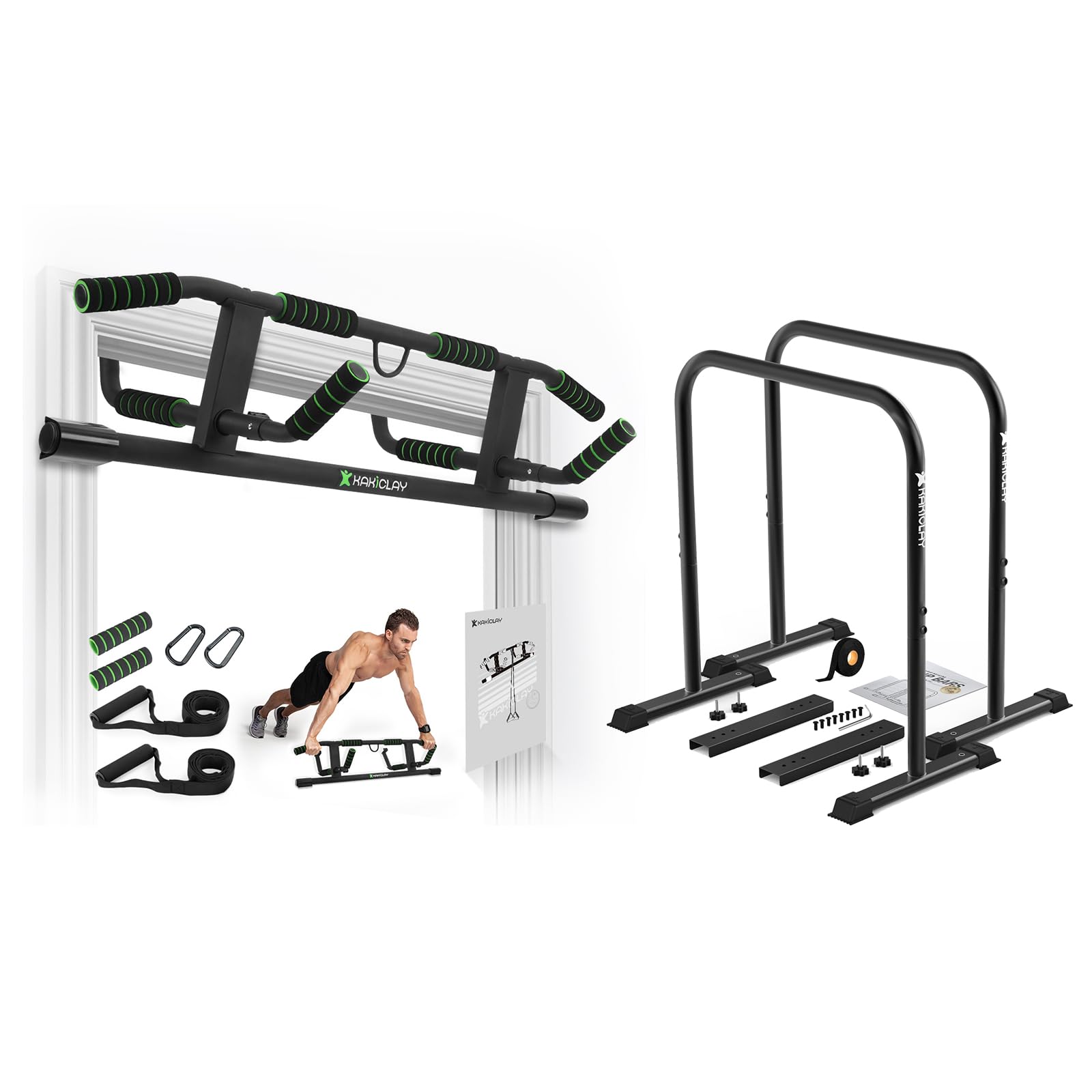 KAKICLAY Multi-Grip Pull Up Bar and Premium Dip Bars with Adjustable Ultra-Stable Settings Non-Slip Feet - USA Original