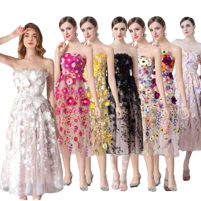 French Women's Long Dress with Flower Embroidery - Summer Strapless Waist-Cinching Slimming Dress with 3D Floral Details2