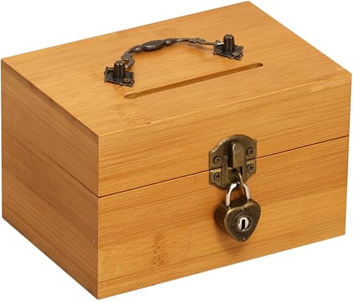 Miniatura 7 de B Baosity Caja de dinero de madera hecha a mano, alcancía clásica de madera con cerradura de hierro antiguo, caja de madera para adultos y niños,