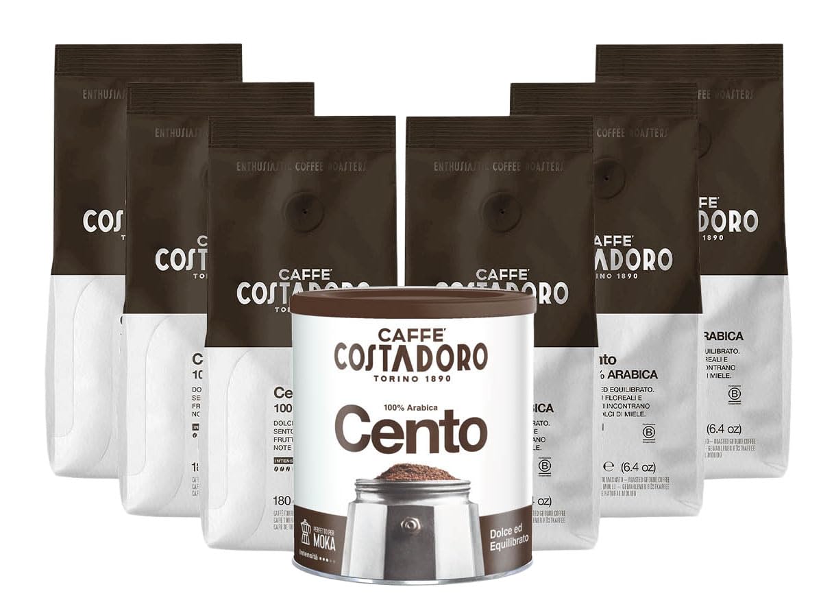 Costadoro Cento – kawa mielona 100% Arabica do kawiarki moka, o słodkim i zrównoważonym smaku, zestaw 6 × saszetki 180 g + 1 × puszka 250 g, wyprodukowano we Włoszech