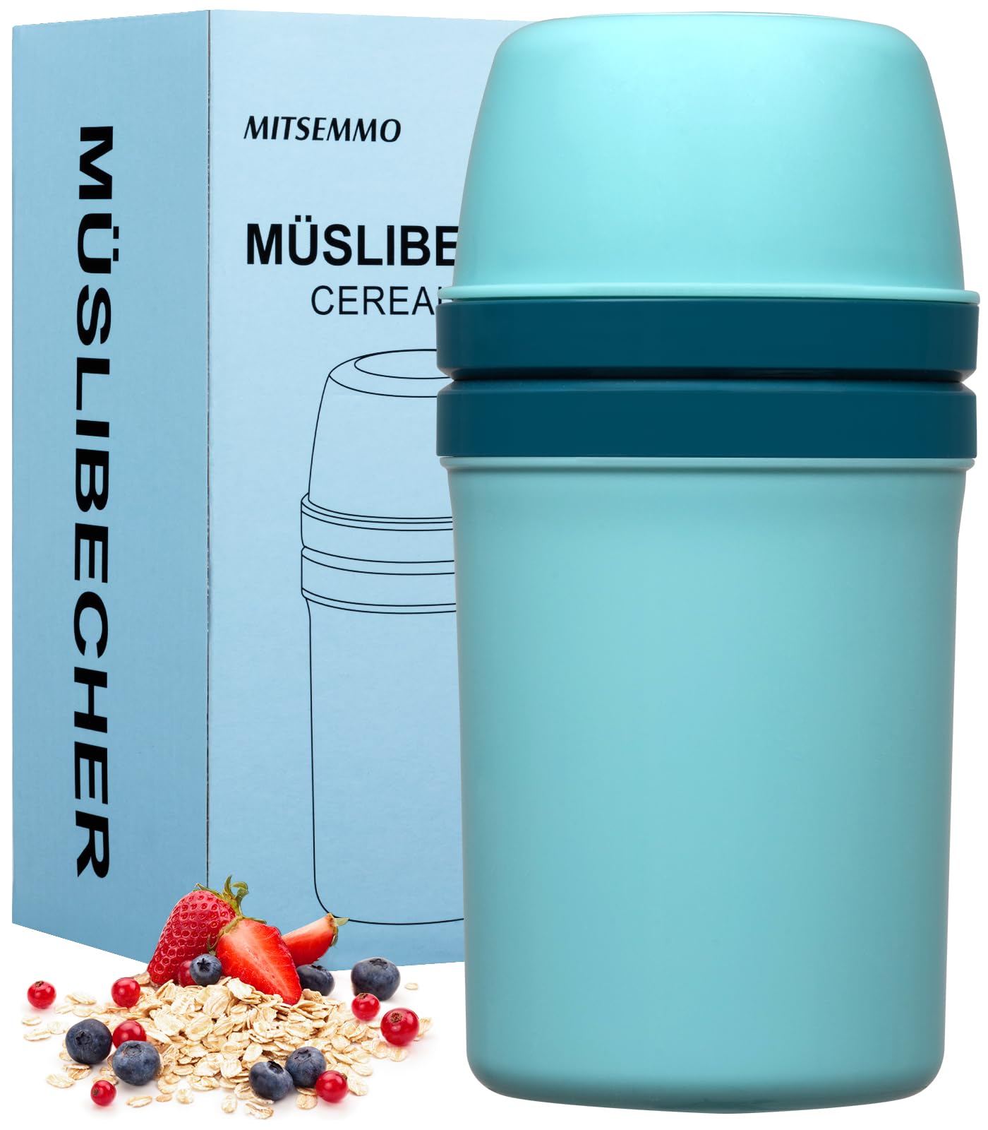 Mitsemmo Sky Blue Cereal Cup to Go 600 ml + 270 ml, Yoghurt Cup to Go with Spoon, Medium Modern Portable Food Storage Container