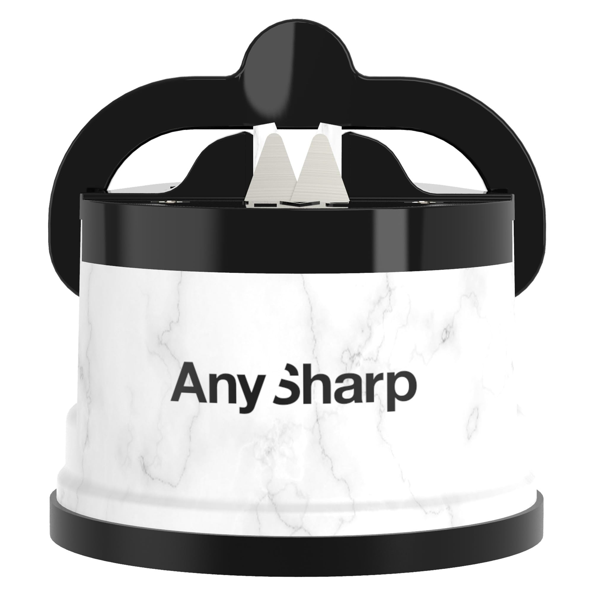 AnySharp – EDITIONS – Hands Free Knife Sharpener - Easy to Use Sharpening Tool w/PowerGrip Suction Base and 20-Degree Pre-set Angle - For All Knives: Chef’s, Serrated, Hardened Steel - White Marble