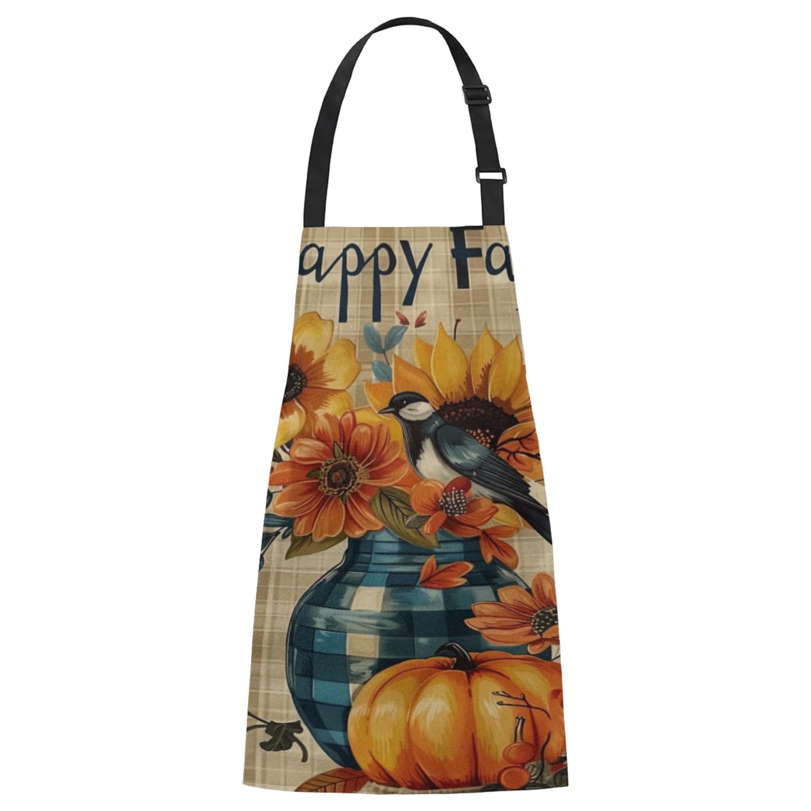 Aglebo Pumpkin Bird Flower Grid Chef Apron with Pockets Adjustable Shoulder Strap Waterproof Cooking Apron for Kitchen Baking Gardening Pottery Painting