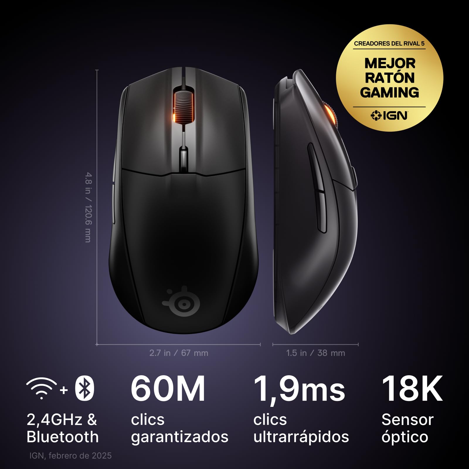 SteelSeries Rival 3 Wireless Gen 2 - Raton Gaming - 2,4GHz y Bluetooth - Sensor óptico TrueMove Air de 18000 dpi - Durabilidad de 60 M de clics - Ligero - Deslizadores 100% PTFE - Negro