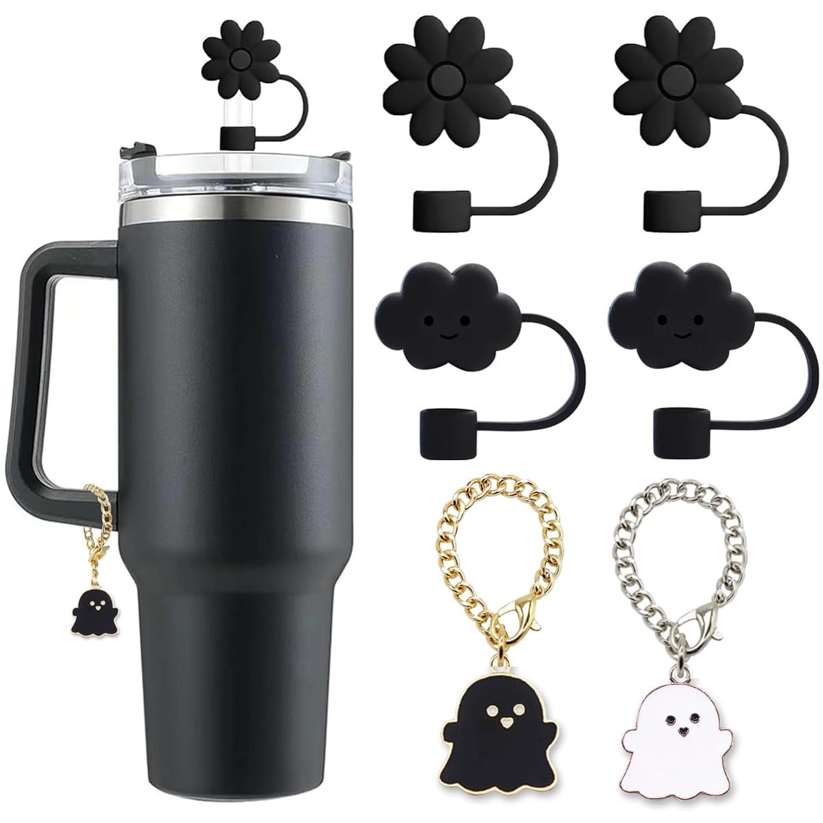 HIUSITY 4-Piece Stanley Cup Accessories Set In Black - Silicone Boot, Bow Straw Cover, Handle Strap & Tea Strainer For 30oz & 40oz Tumblers