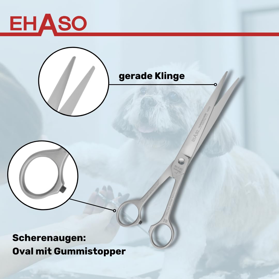 EHASO Hochwertige Gerade Hundeschere aus - Für langhaar & kurzhaar - 20 cm matt hohlschliff - Fellschere für Hunde & Katzen - Profischere für Jede Art von Fell direkt Solingen