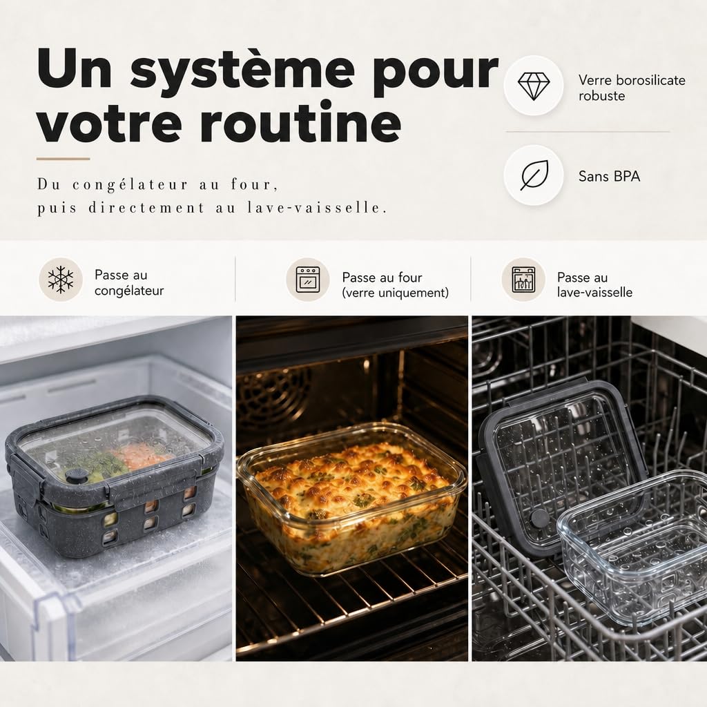 Meal Prep Boîtes Set 3x640ml – Verre borosilicate, hermétique, empilable, micro-ondes avec valve vapeur, coque silicone anti-choc