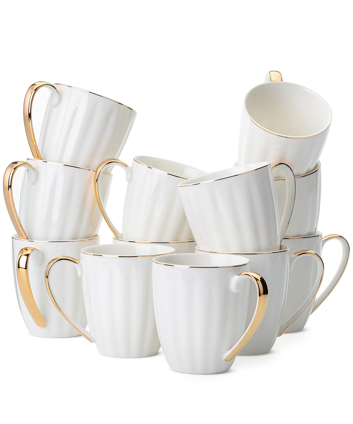Brew To A Tea - White Porcelain Coffee Mugs with Gold Rim, Set of 12, 12oz, Modern Wedding Mugs