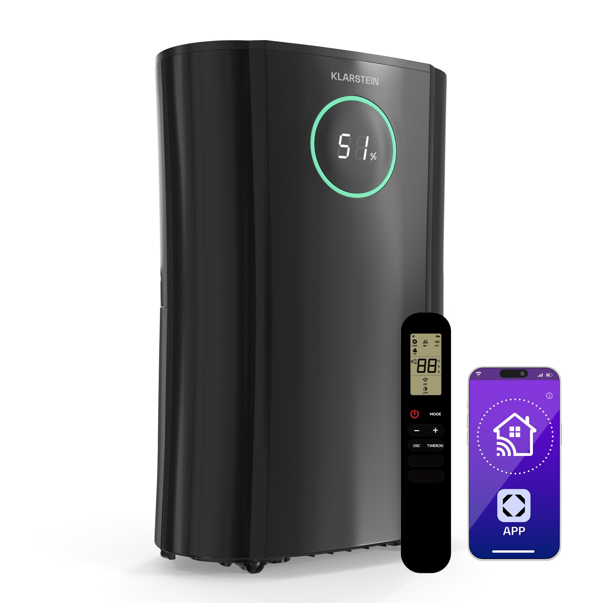 KLARSTEIN DryFy ProConnect 24L Deumidificatore Wi-Fi, Silenzioso, Timer 24h, Filtro HEPA, Portatile per Casa/Ufficio, Controllo umidità, Stanze Fino a 36m², Nero