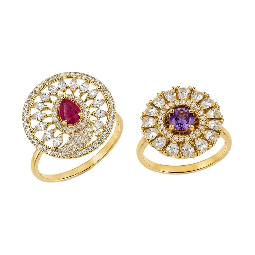 gold plated artificial ring combo set for women | red & purple stone american diamond fashion rings | designer statement jewellery for party, wedding & festive occasions